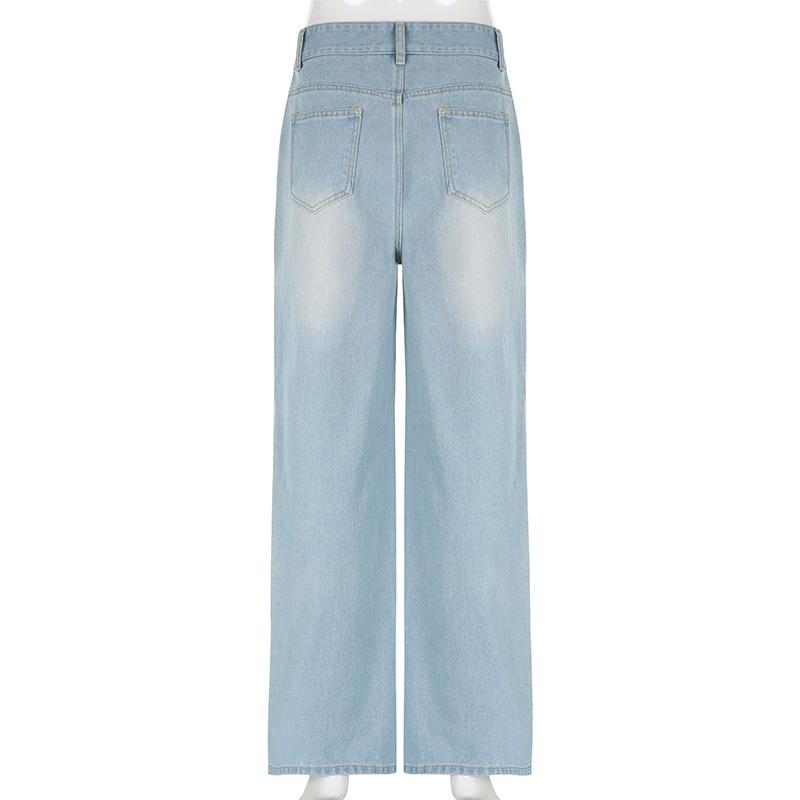 Vintage Design Sense Street Personality Solid Color Holes Casual Loose Straight Pants Low Waist Hot Girls Jeans Stitching Skinny Cool Girls Jeans