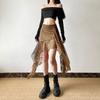 Vintage Lace High Waist Skirt Women Retro Loose Irregular Hem A Line Midi Skirts