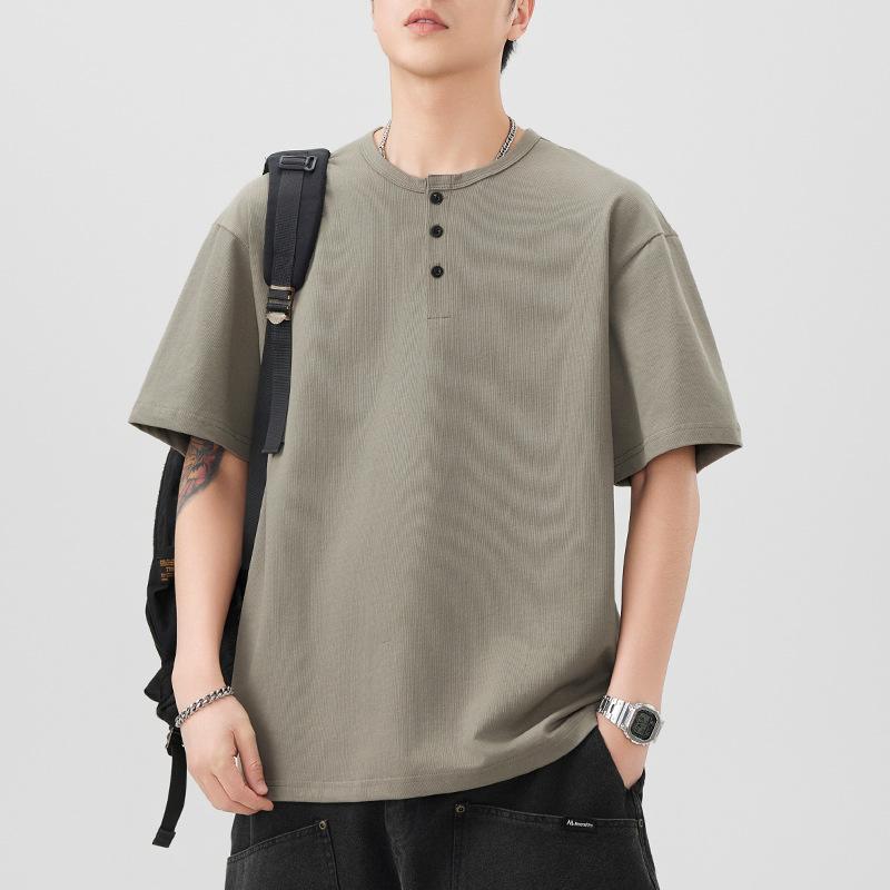 New Summer Short-sleeved T-shirt Men's Button Pullover T-shirt Japanese Five-quarter Sleeve Loose