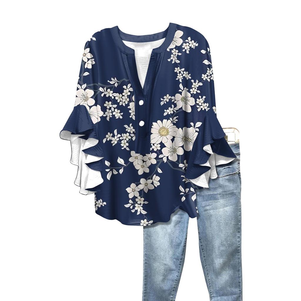 Summer Women's Tops V-Neck Seven Sleeve Shirt Spring Summer Floral Printed Tops Casual Shirt