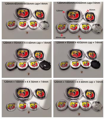 7-teiliges Abarth Auto-Emblem-Set Motorhaube Vorne Heckklappe Kofferraum 85/95/100/120mm Felgennabendeckel Mittelkappen 56/60mm 6cm