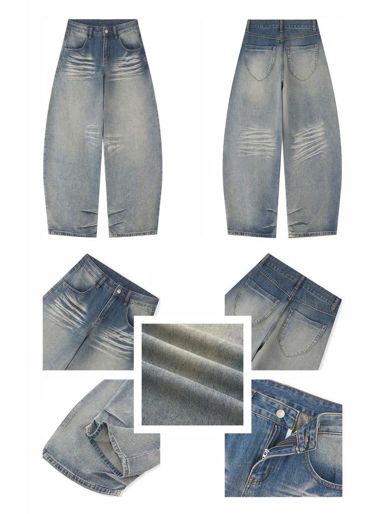 2025 Autumn Women's Loose Wide-Leg Stacked Hem Trendy Banana Jeans