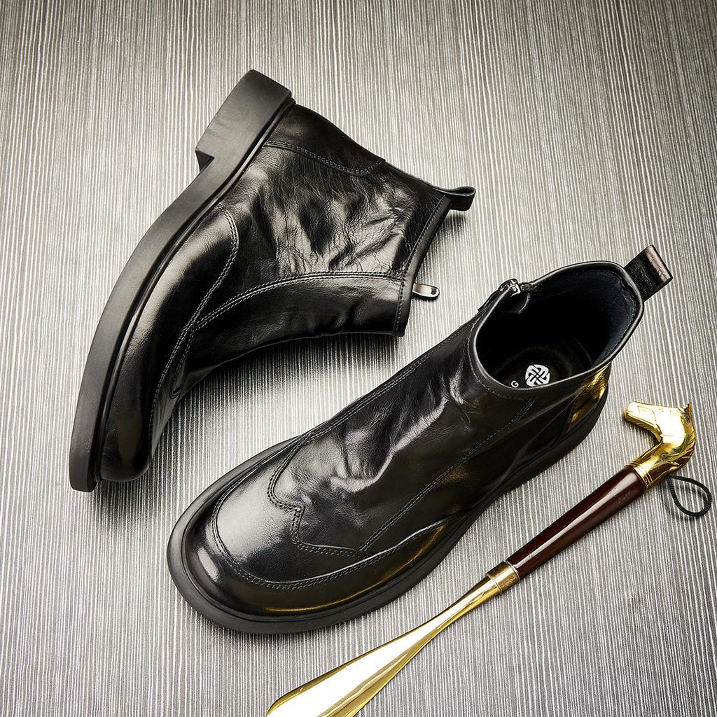 Men'S Martin Boots Spring And Autumn High Top Zipper Leather Tooling Boots Thick-Soled Round Head Tide Leather Boots Outdoor Boots Men