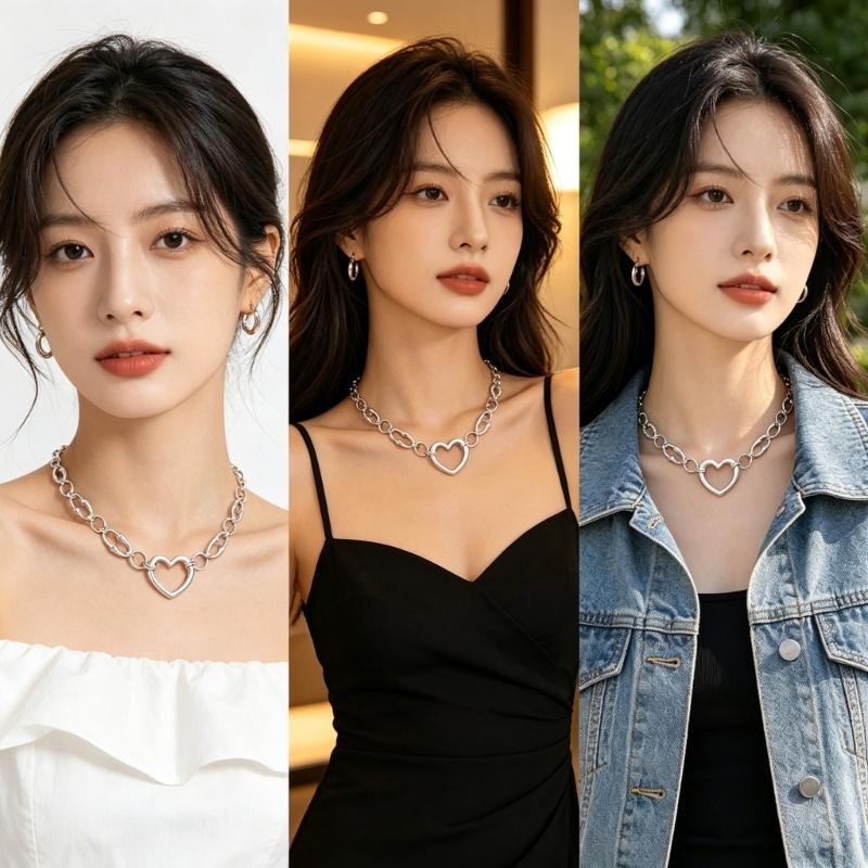 Open Heart Pendant Necklace for Women, Silver Tone Link Chain Jewelry with Adjustable 31-40 Cm Length for Daily Outfits and Gift Use