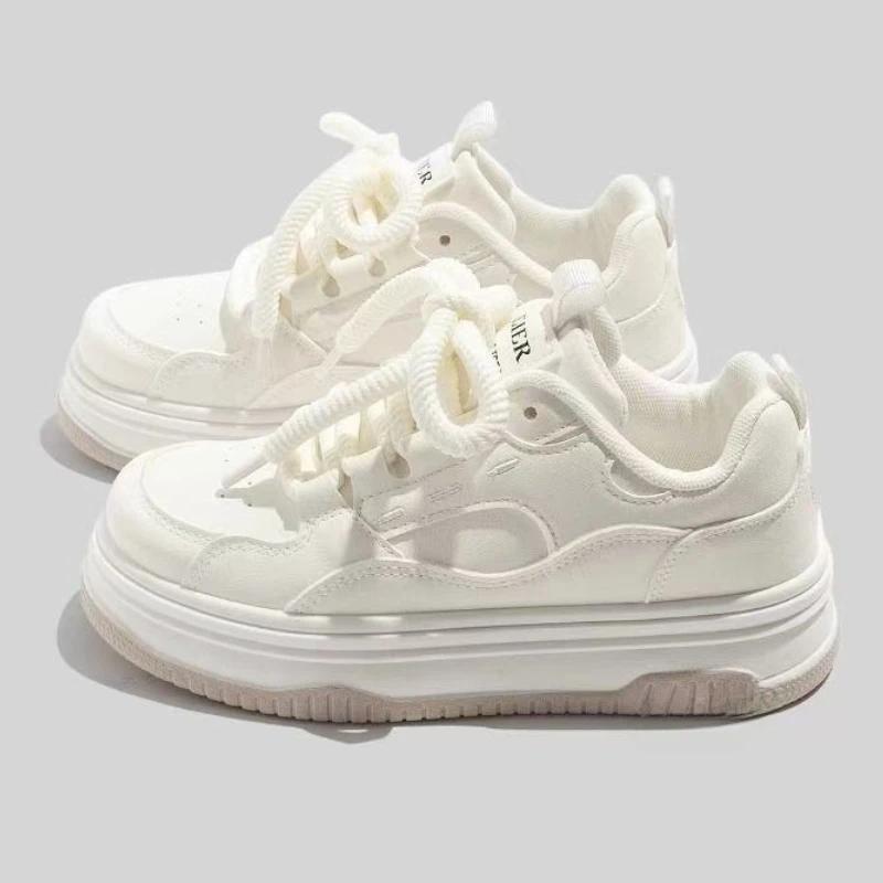 Fashion Round-toe Lace-up Casual White Thick-soled Vulcanized Shoes Seasonal New Comfortable Flat-soled Fashion Sneakers