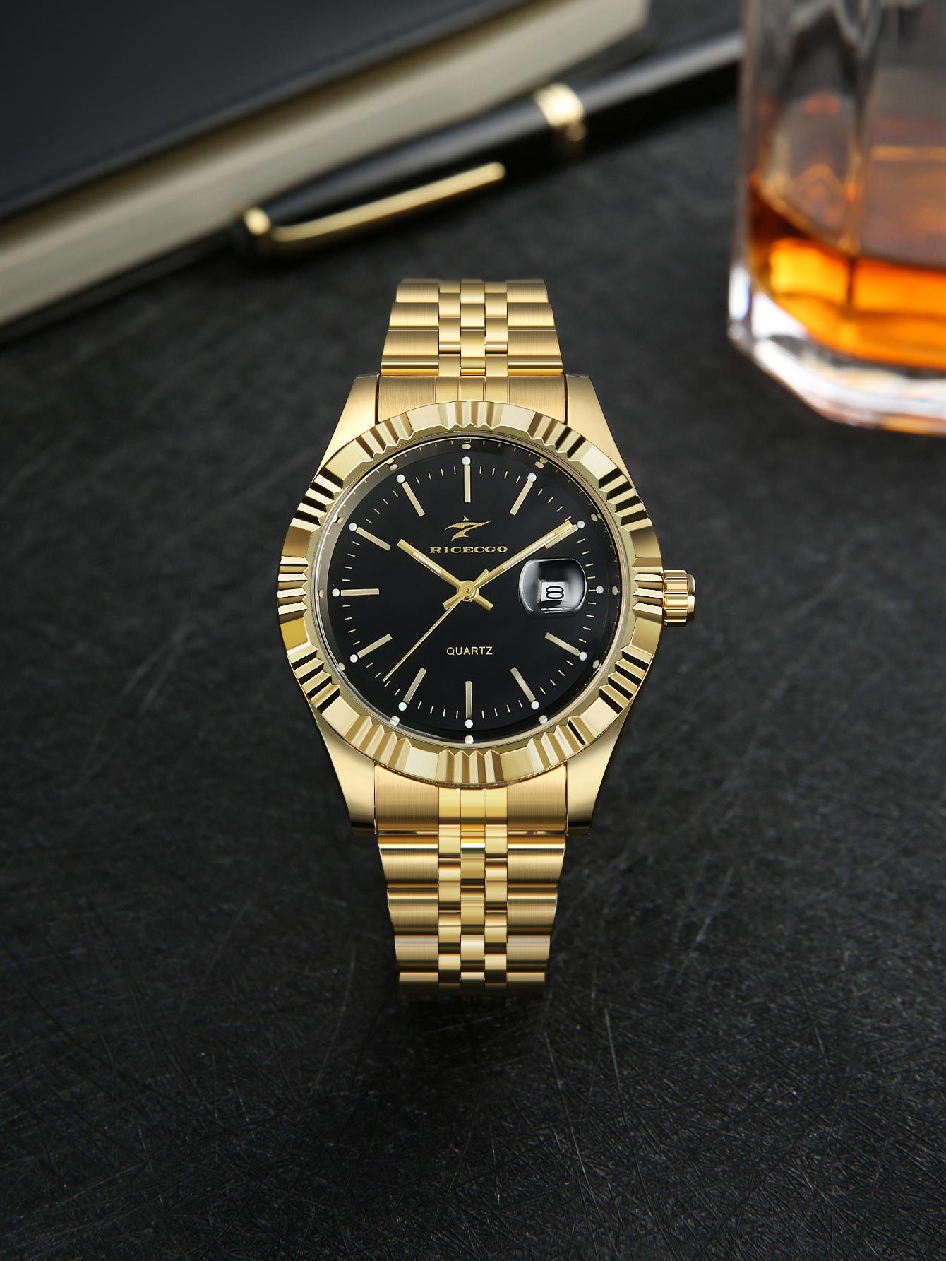 RICECGO  Luxury Customize Brand Sports Watch Metal Band Analog Watch Date Display Simple Quartz Watch
