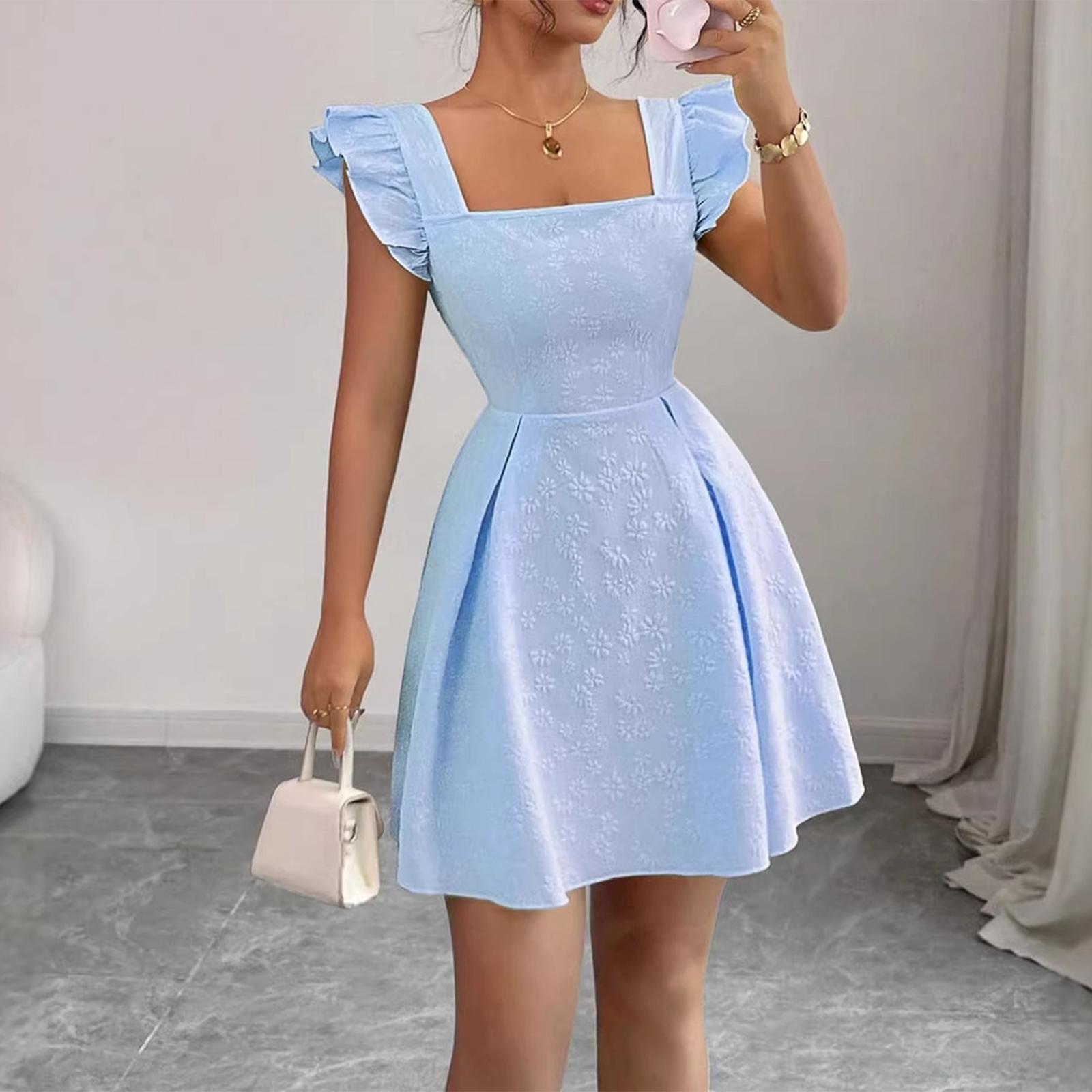 

Women s Fashionable Color Square Collar Pullover Fresh Sweet Short Skirt With Waist Cinched A,line Dress M синій