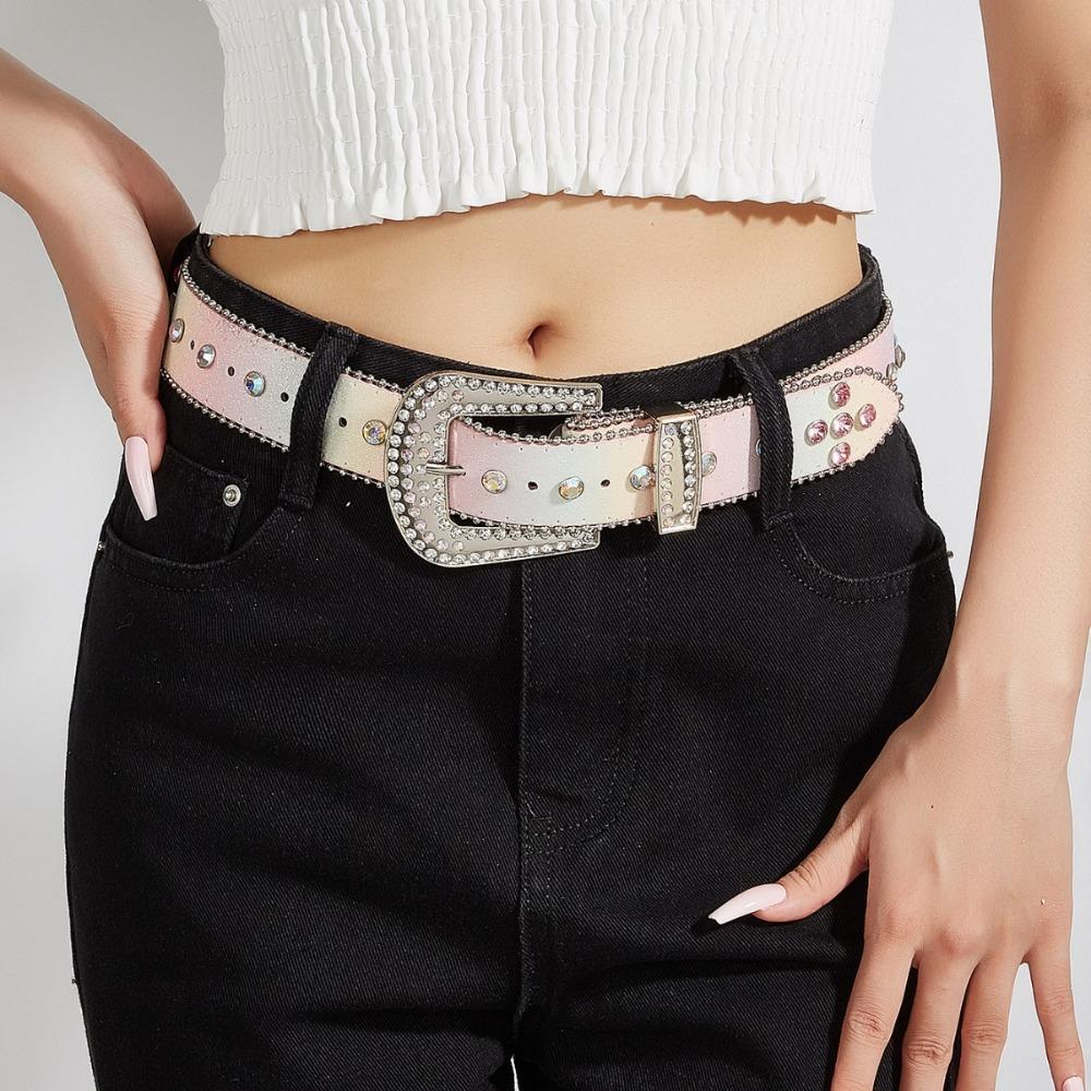 

Gradient Pink Rhinestone Waistband Sequin Jeans Waistband Fashion Retro Y2k Belt Women розовый
