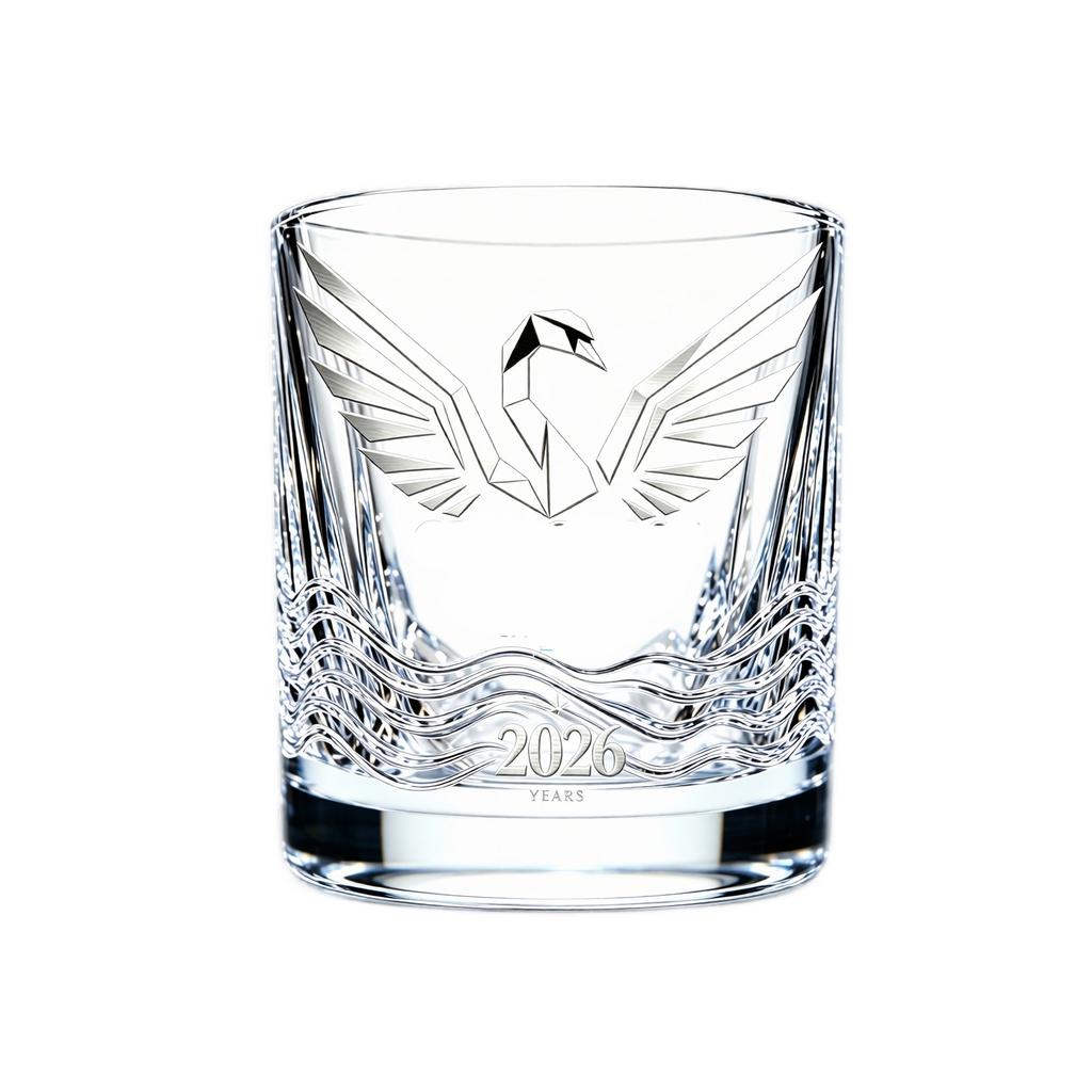 Crystal Whiskey Glass with Engraved Swan and Wave Design 2026 Anniversary Edition Heavy Base Old Fashioned Glass Suitable for Spirits and Cocktails