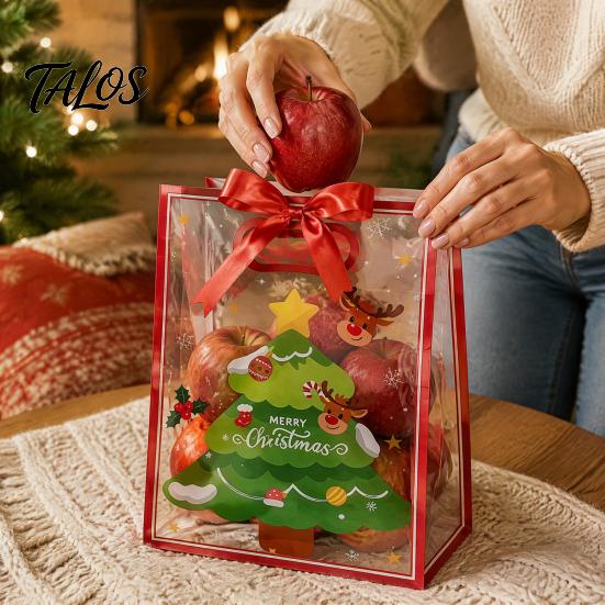 Small Gift Sacks for Christmas Bags with Handles, Reusable Clear PP Treat Dessert Packaging Candy Apples Cookies, Holiday Party Favor Ribbon Bow Eve