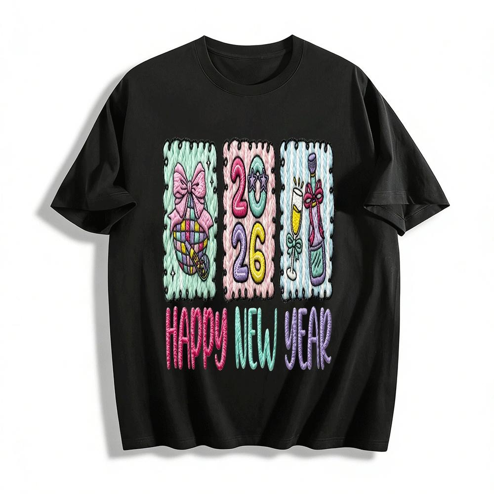 2026 Happy New Year Embroidery Style Printed Casual Top Pure cotton T-shirt XXS