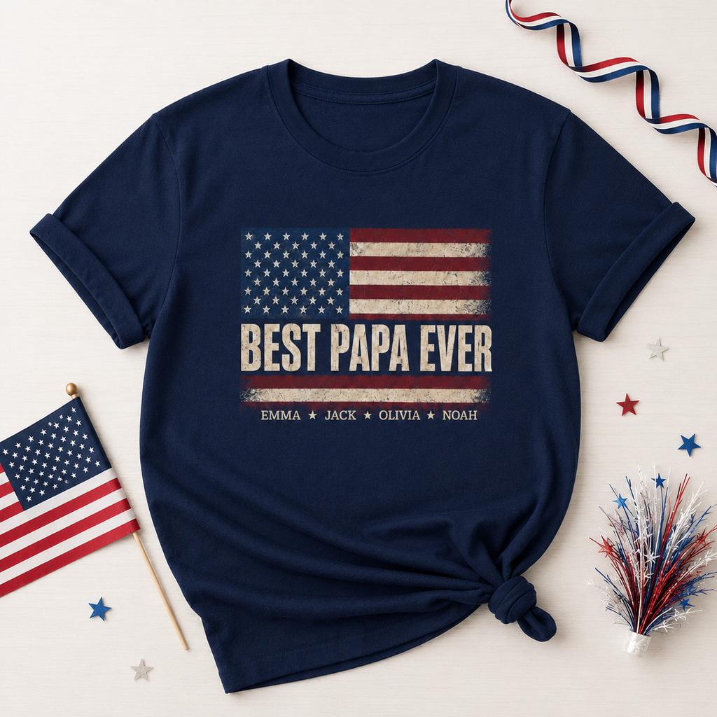 Custom Best Papa Ever Shirt with Kids Names, Personalized American Flag Papa Tee