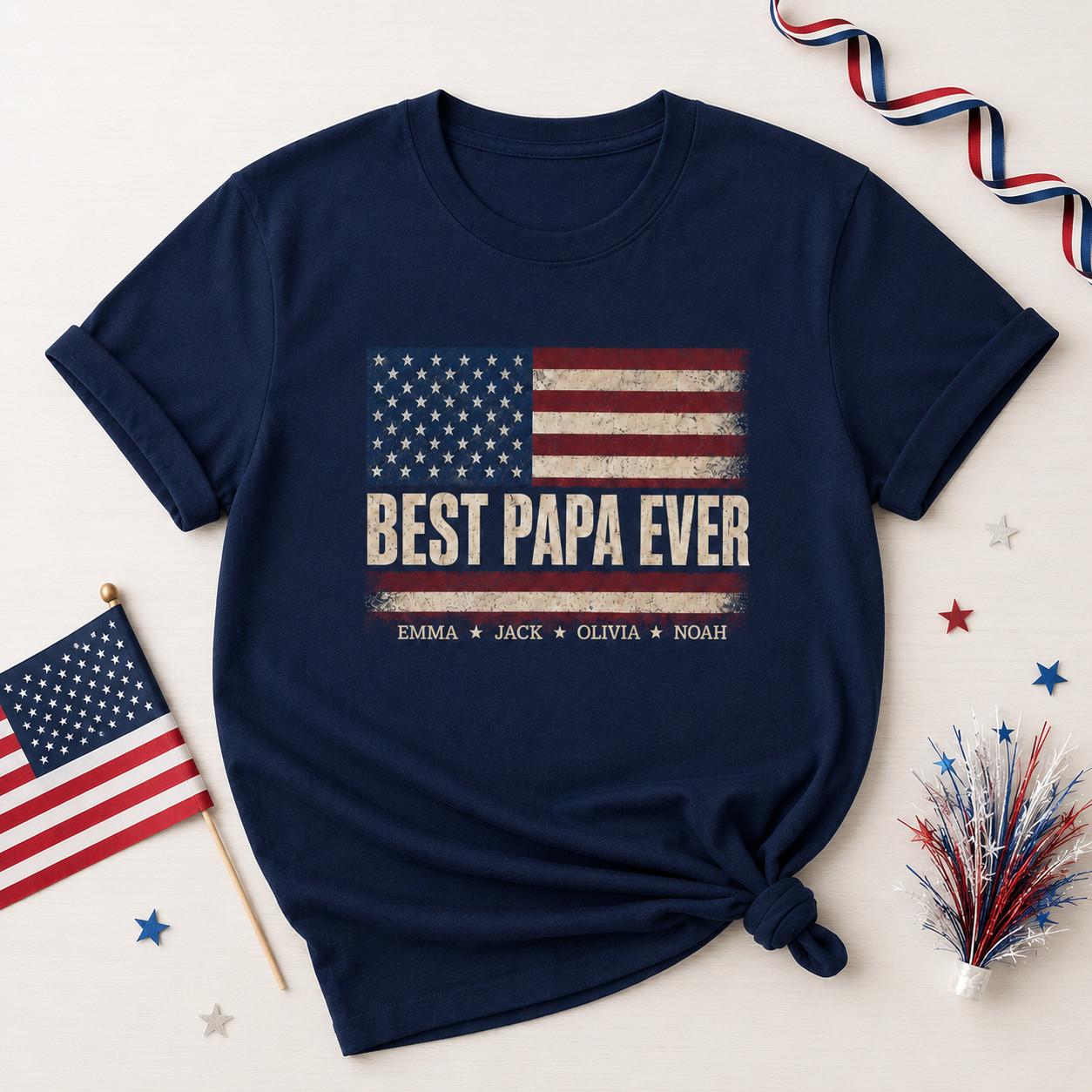 Custom Best Papa Ever Shirt with Kids Names, Personalized American Flag Papa Tee S