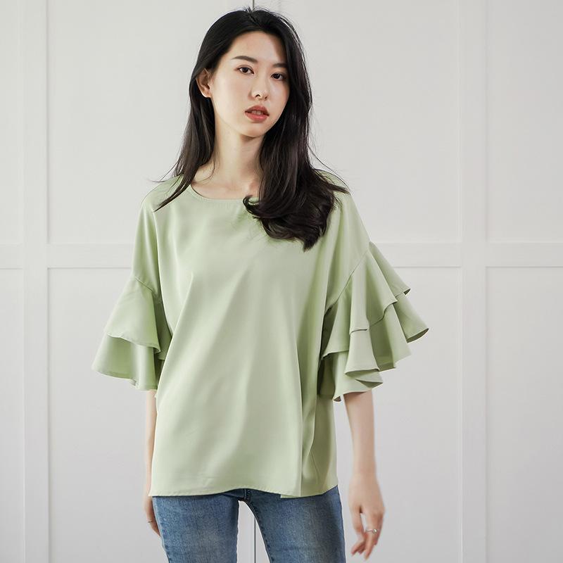 Jaro a Léto Nová Dámská Volná Košile Kulatý Výstřih Dvouvrstvá Košile s Rameny z Lotosového Listu Dámská