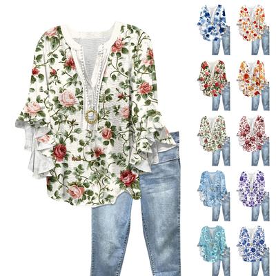 Women's Fashion Button V-Neck Ruffle Seven Sleeve Blouse Floral Printed Top