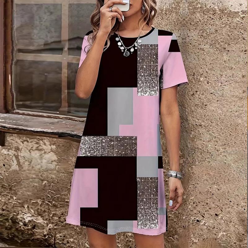 

Модное женское свободное платье с геометрическим рисунком и принтом в виде О-образного выреза с коротким рукавом и принтом листьев, свободное уличное платье А-силуэта 8XL