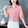 Dames Roze Gestreept Satijnen Revers Driekwartmouw Blouse