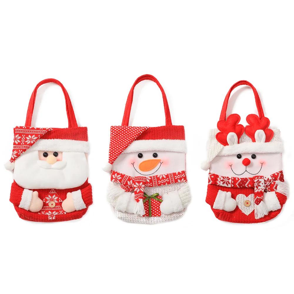 2026Christmas Knit Gift Bag Cute Cartoon Apple Candy Handbag Plush Santa Claus Snowman Elk New Year Christmas Eve Decoration