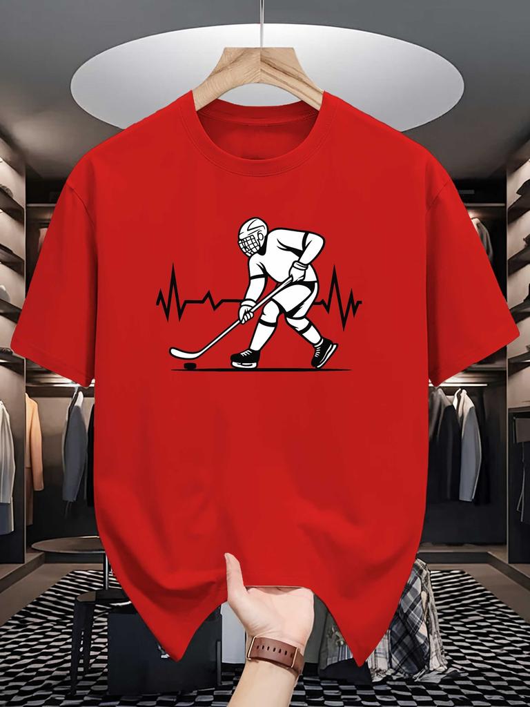 Unisex Beige Tee Ice Hockey Player Heartbeat Line Art Graphic Print Crew Neck Short Sleeve Summer Casual Male Cotton Street Top