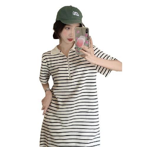 Dress women's summer clothes new loose short-sleeved skirt women's stripes fat mm thin foreign style age-reducing clothes skirt