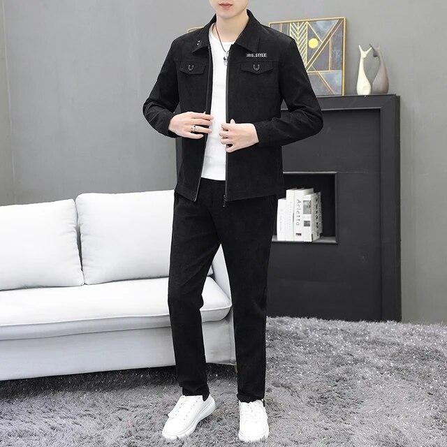 Men Autumn  Casual Track Suit Corduroy Sets Two Piece Long Trousers and Jakcet Clothing Men  Pockets Suits