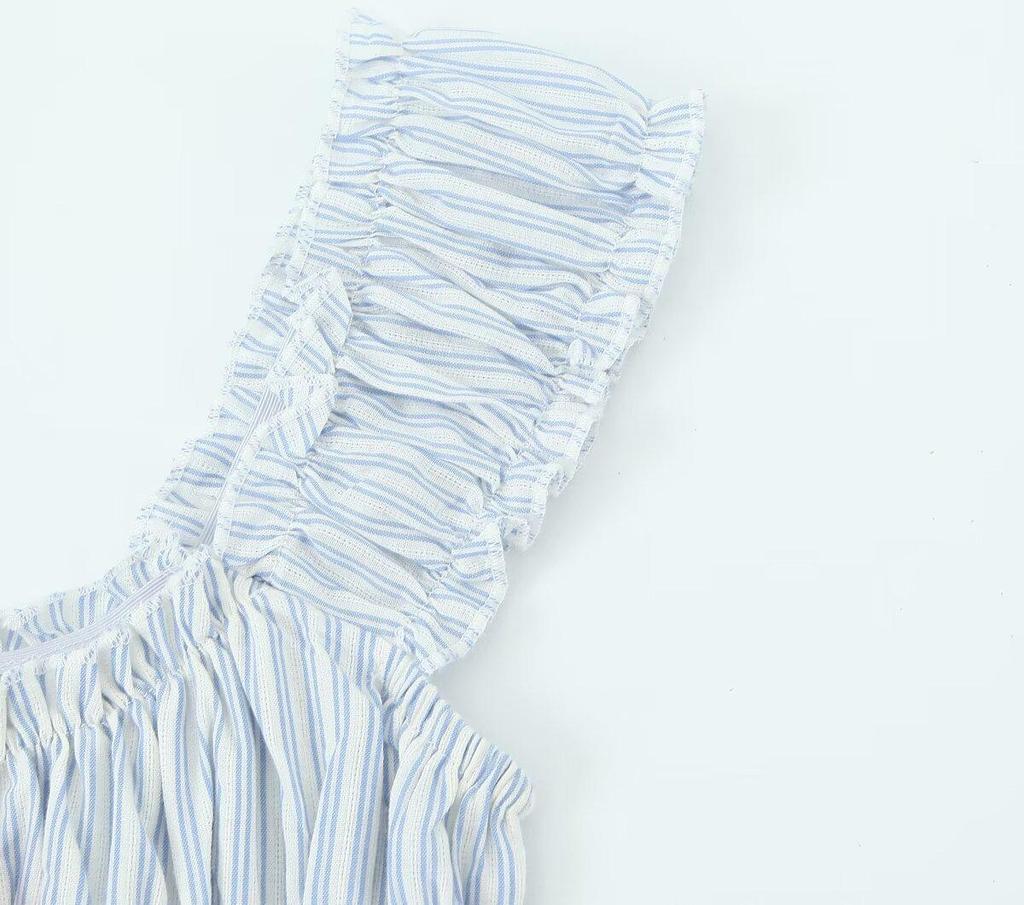 2024 Summer Women's European & American French-Style Striped Off-Shoulder Ruched Mini Dress