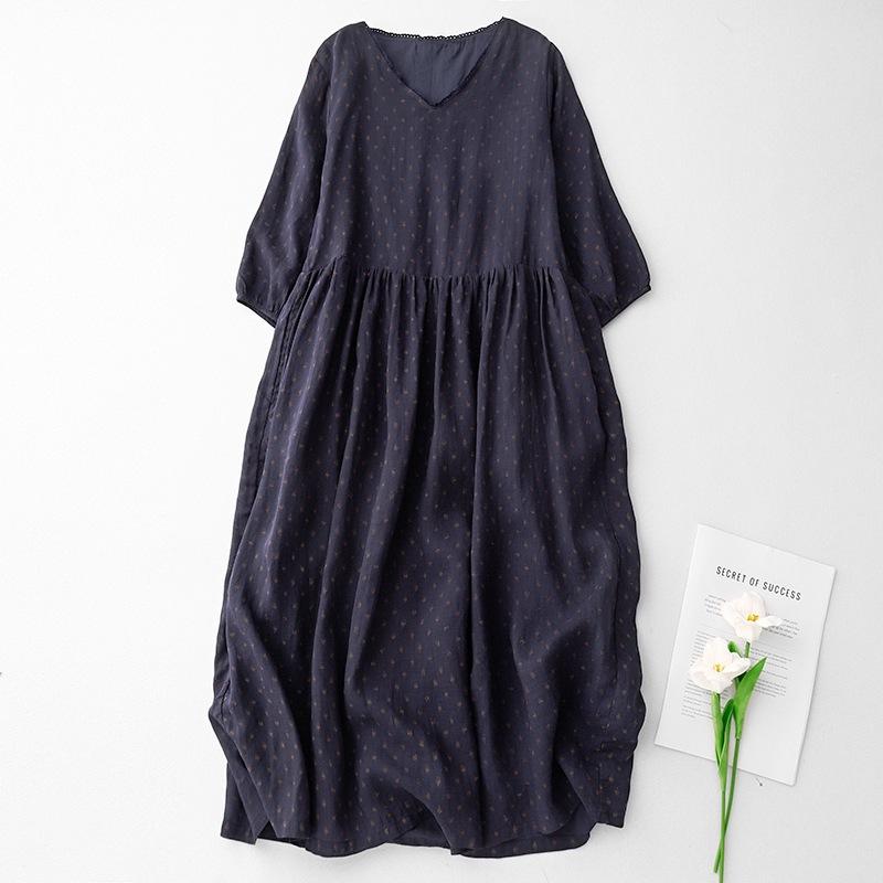 

Платье в горошек из хлопка и льна, женское, весна 2025, новое, омолаживающее, тонкое, с V-образным вырезом, длинными рукавами, синее, элегантное, длинное платье 2XL