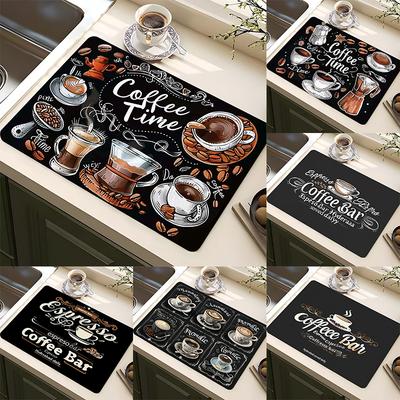 Klassisk Kaffedesign Diskmatta Mjukt Gummi Halkfri Absorberande Polyester Fläckresistent för Kök Kaffebar Bänkskiva