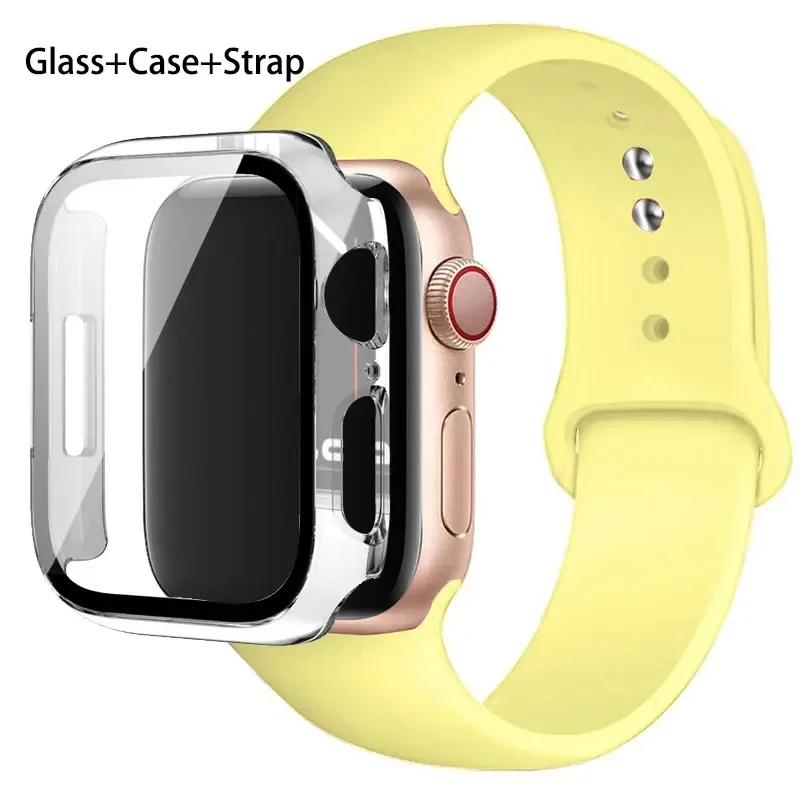 Glass+Case+Strap For Apple Watch band 46mm 45mm 44mm 41mm 40 38mm Silicone watchband bracelet iWatch series 10 9 8 7 6 5 4 3 SE