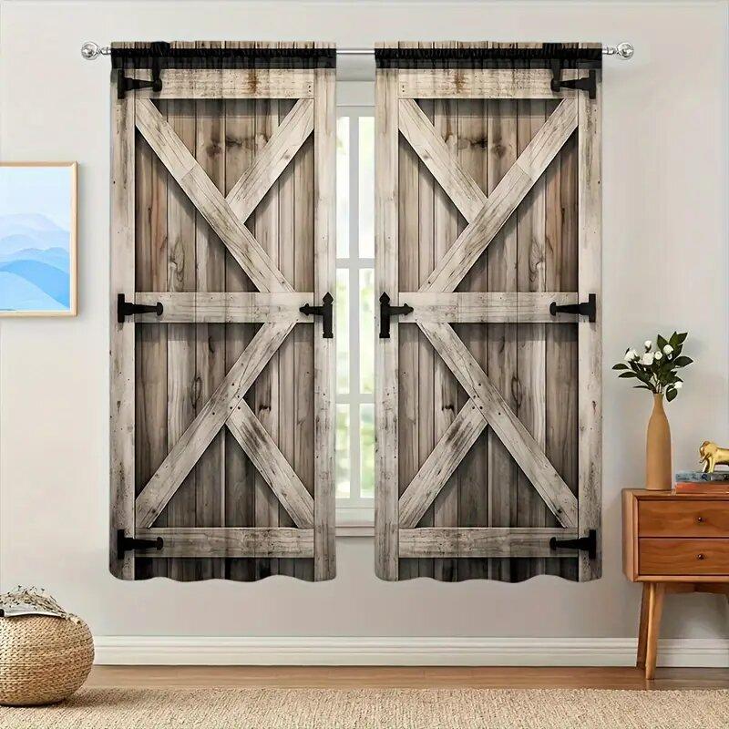 2 Stück hellfarbene Vorhänge mit Holzmaserungsdruck, Stangentaschenvorhänge 42*84, Heimdekoration, Raumdekoration