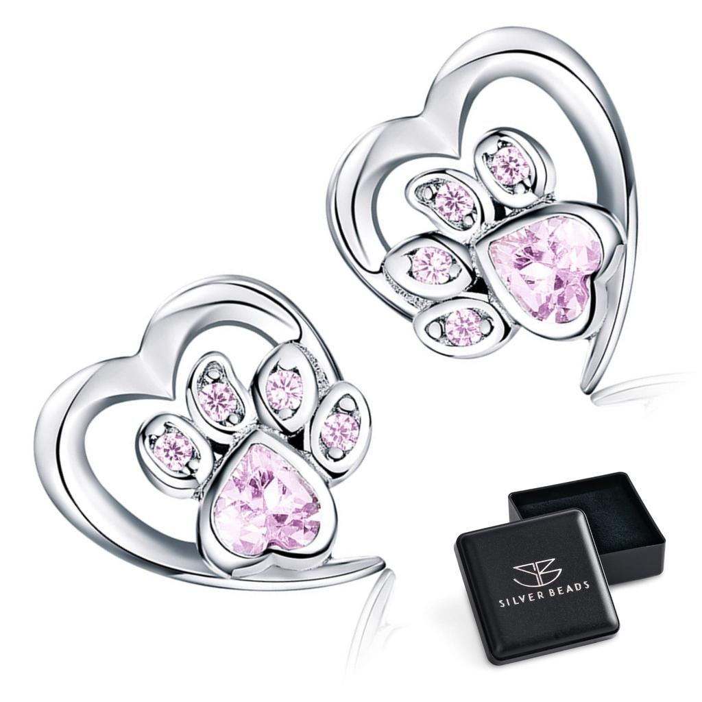 Silver heart earrings with pink paws, 925 silver studs