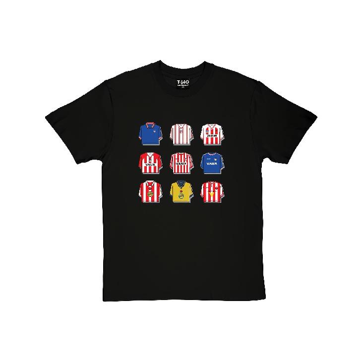 Sunderland Football Club Men's Team Badge T-Shirt, Black with Red and White Stripes and Blue Badge, Casual Crew Neck Fan Apparel, Comfortable All