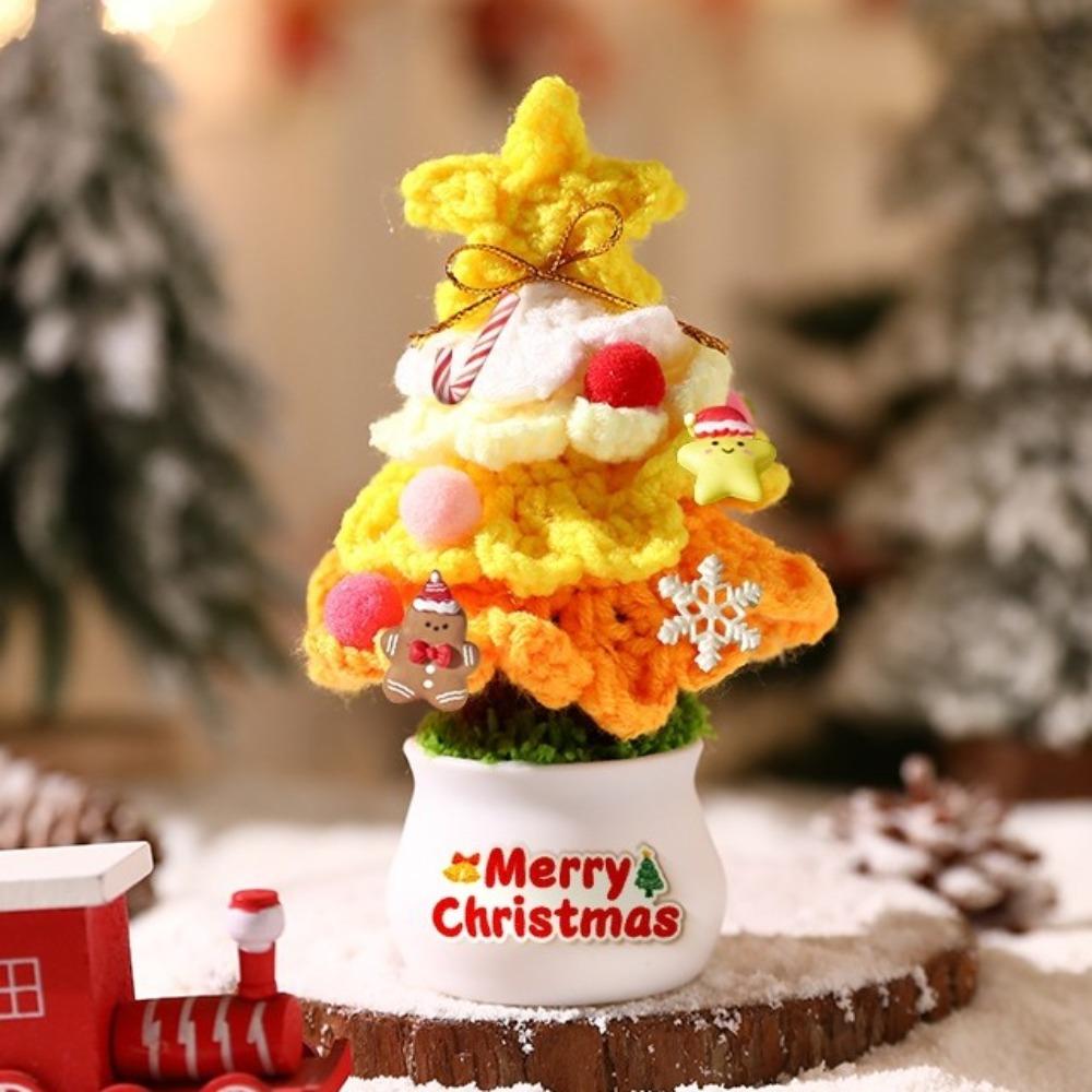Mini Hand Woven Christmas Tree Crochet Tree Figurines Christmas Tree Decor Finished Tabletop Ornament Christmas Tree Potted