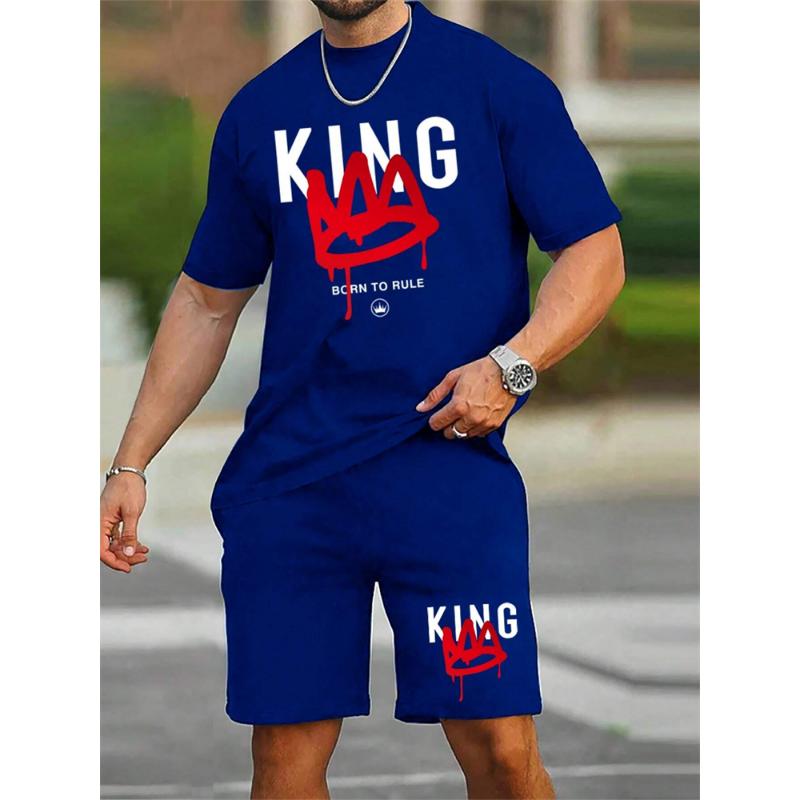 

Новый мужской комплект с короткими рукавами, шорты с принтом «Футболка короля», 2 комплекта повседневного джемпера с круглым вырезом, дышащая спортивная одежда S