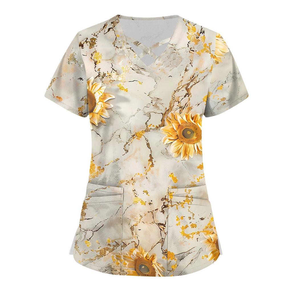 Top de Enfermera de Manga Corta con Cuello en V Escalonado, Estampado y Bolsillo