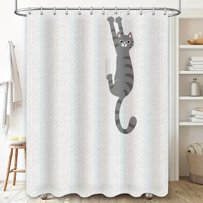Cat-Themed Shower Curtain With Gray Stripes And Hanging Pattern Decorative Bathroom Accessory For Kids Or Adults Add A Touch Of