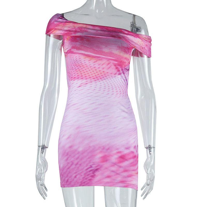 

Fashion Style Summer New Arrival Abstract Printing Sexy Tight Backless Hip-Wrapped Fashion Short Dress Bright powder L