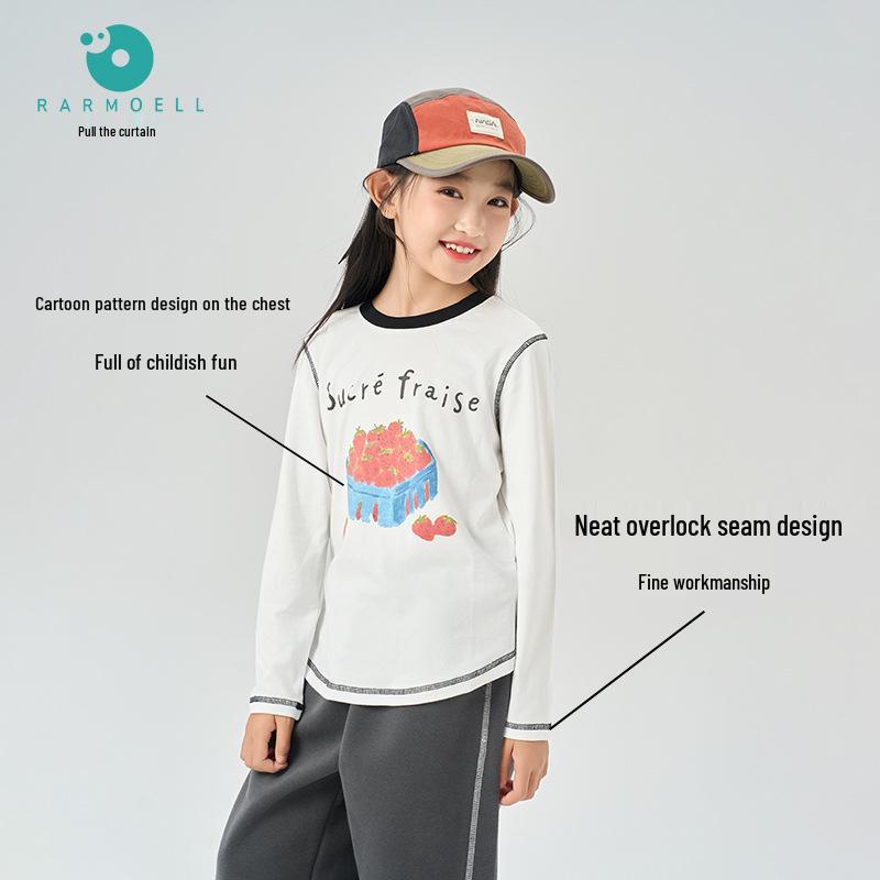 Autumn Kids' Color Block Cartoon Linen T-Shirt - Boys & Girls Long Sleeve Crew Neck