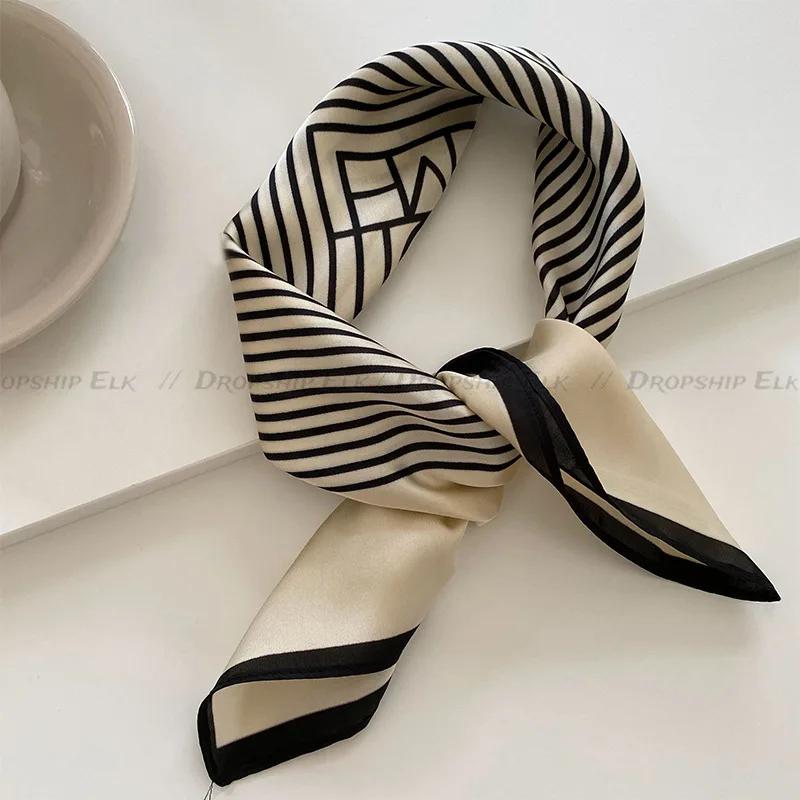 Square Imitation Silk Scarf Black And White Striped Head Wrap For Women Multifunction Silk Feeling Neckerchief