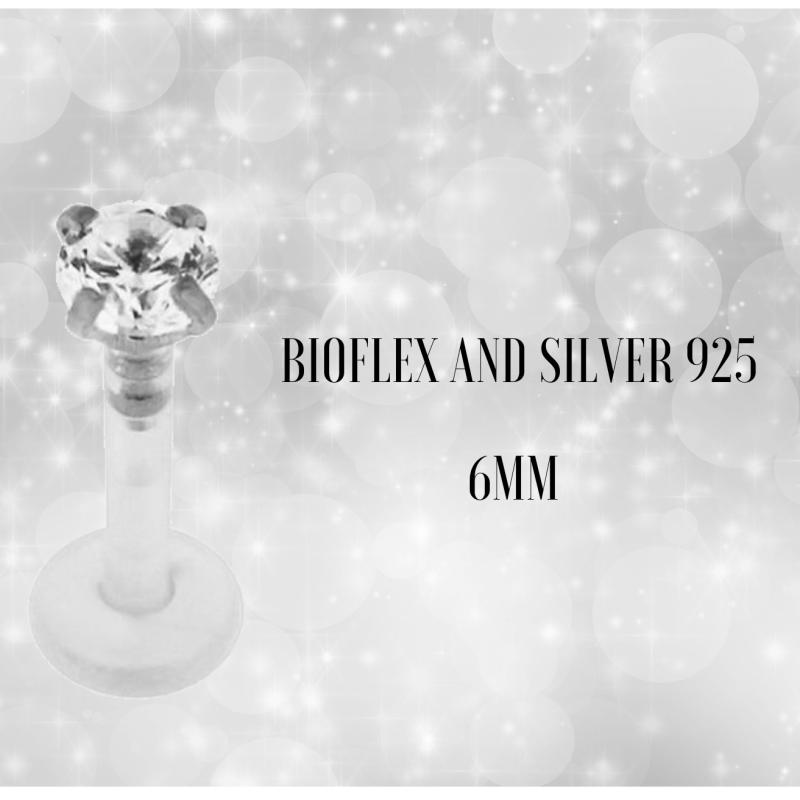 Labret Piercing Smykker Bioflex Rund Krystall Sett i Sølv Stang 6mm