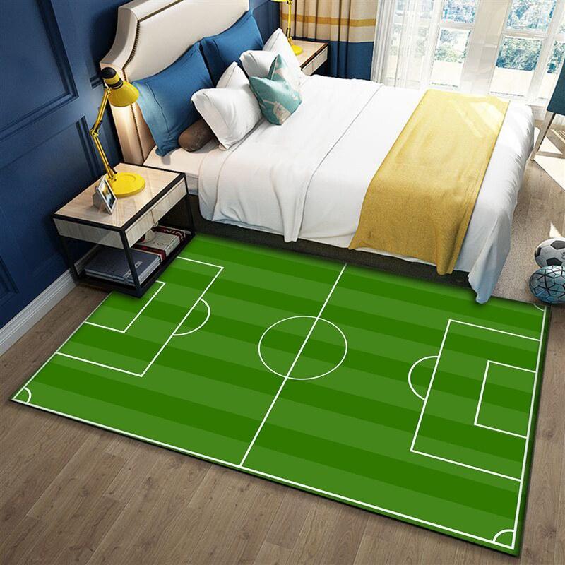 VIKAMA Kids Soccer Field Floor Mat Green Football Pitch Pattern Non Slip Washable Carpet Boy Bedroom Play Area Indoor Home Decor