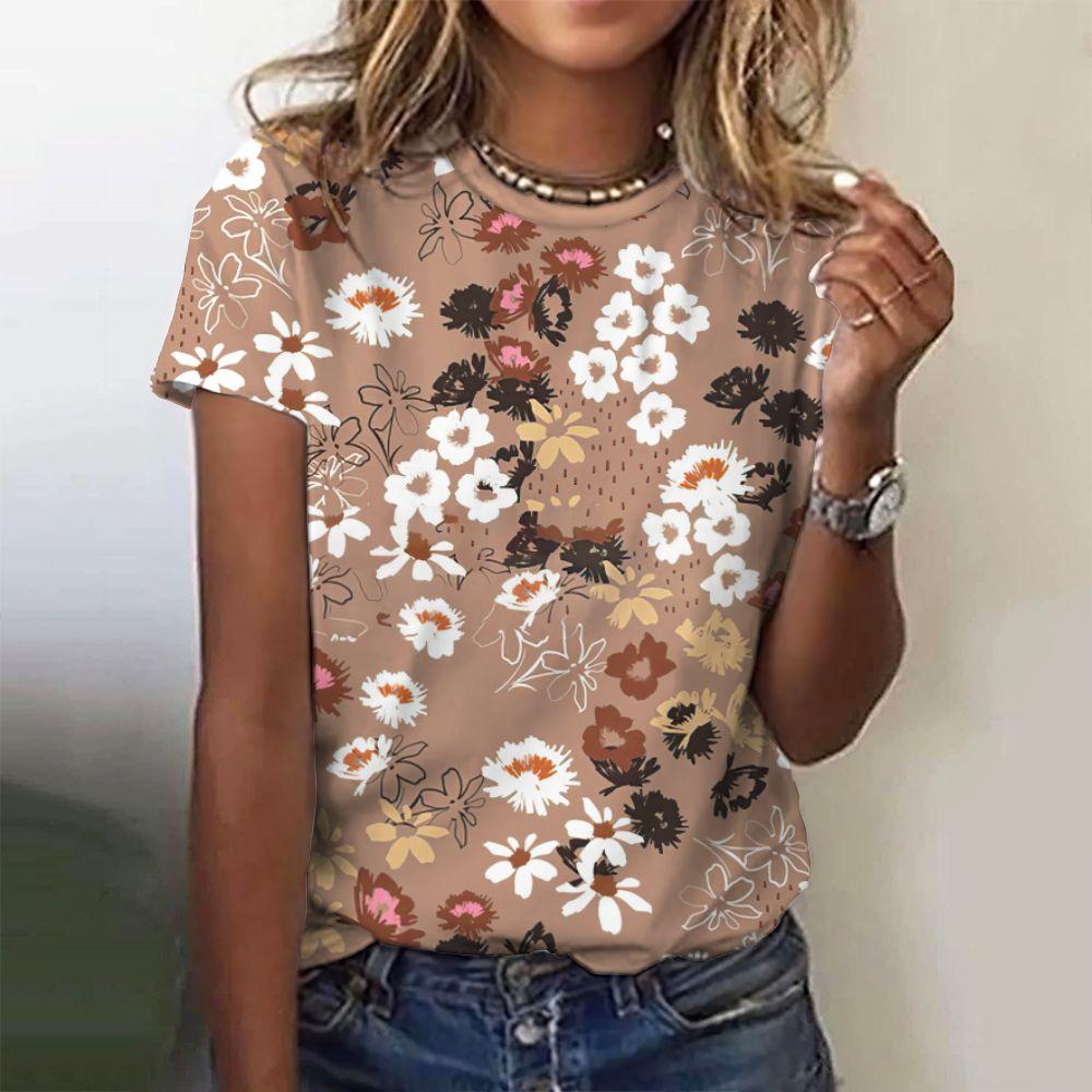 

Женские футболки больших размеров с цветочным принтом, короткий свитер с рукавами, повседневный стиль, футболка с круглым вырезом, женская повседневная одежда 2XL