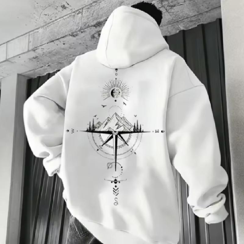 Vintage Compass Print Hoodies for Men High Quality Hooded Long Sleeve Pullover All Season Daily Casual Sports Tops Men's Clothes
