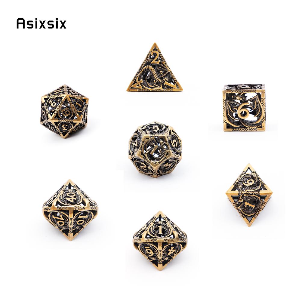 7 buc zaruri metalice Dragon negru auriu, set de zaruri poliedrice metalice goale, potrivite pentru joc de rol RPG, joc de cărți