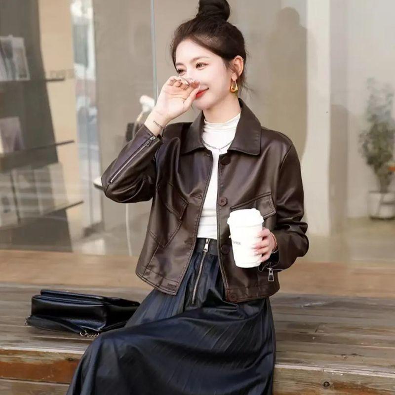 Women's Slimming Motorcycle Leather Jacket - Short, Versatile, Spring/Autumn 2025 Fashion for Petite Sizes