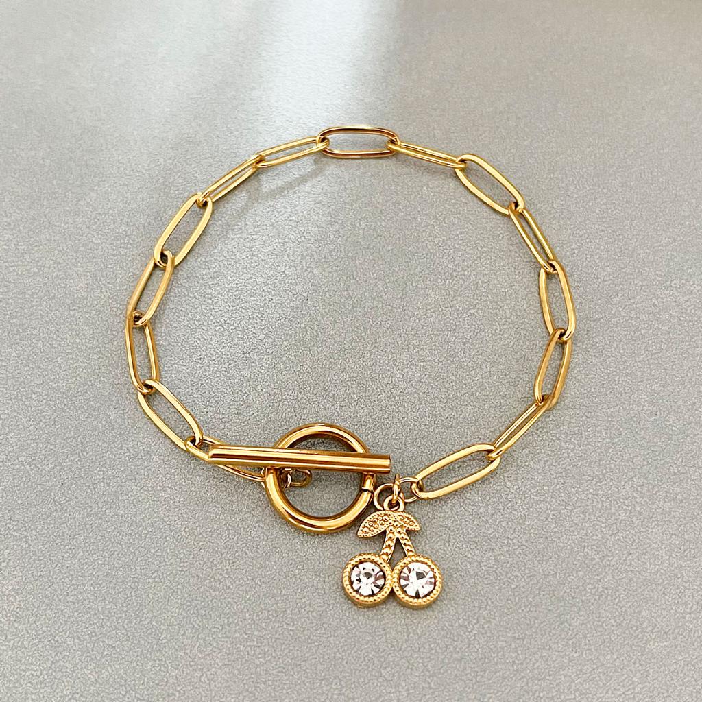 Gold Cherry Charm Paperclip Chain Toggle Bracelet – CZ Crystal OT Clasp Jewelry, Sweet Gift for Women