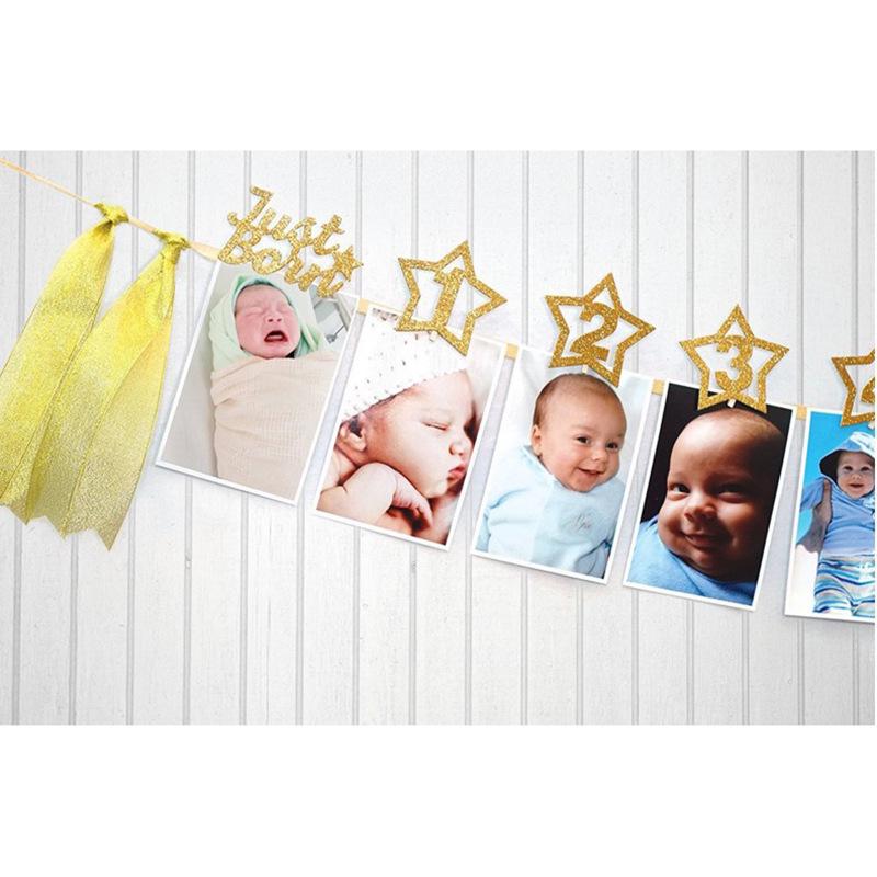 First Birthday Glitter Star Banner with Clips and Flowers for One-Year-Old Photo Party