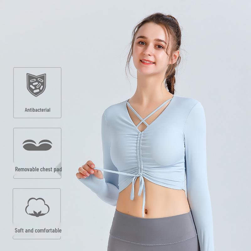 

2024 Spring Women s Long Sleeve Tie-Up Crop Top Yoga Suit: High Elastic Bodycon Fitness Wear Large