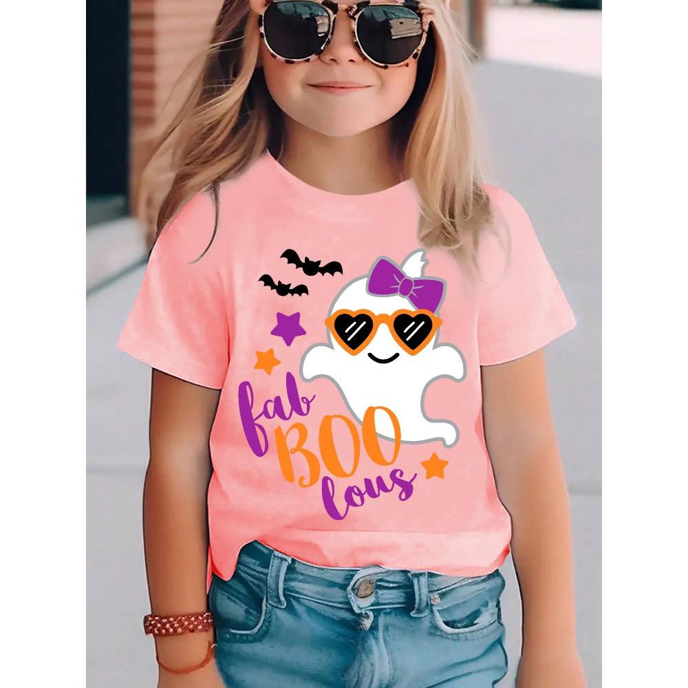 Summer Fashion Girls' Short-sleeved T-shirt, Sunglasses, Bow, Halloween Ghost Cartoon Pattern Print, Casual and Versatile Top