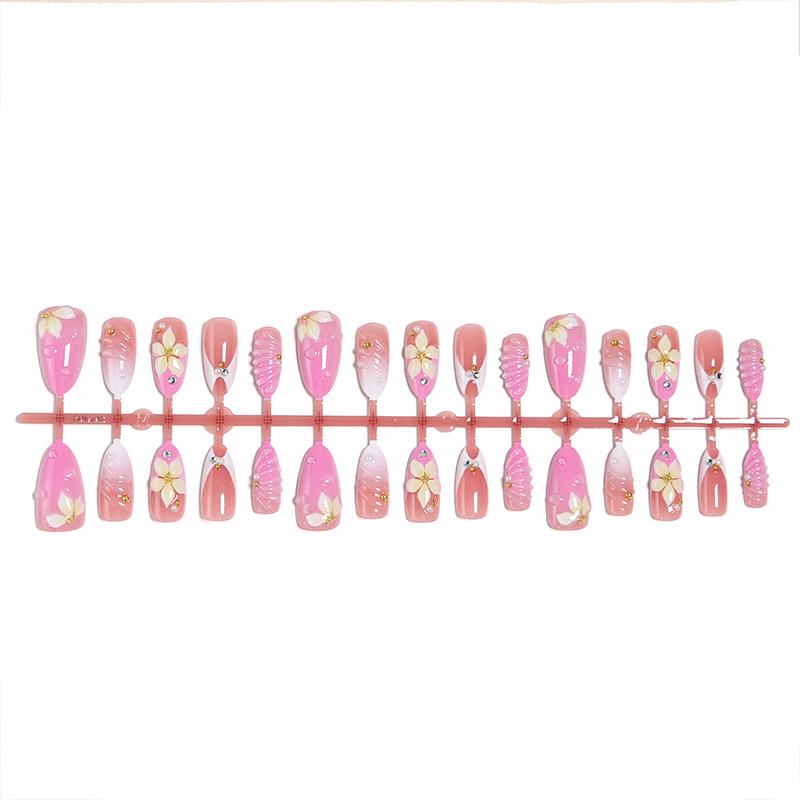30Pcs Pink Gradient 3D Flower Almond False Nails - European & American Style.